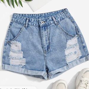SHEIN EZwear Ripped Frayed Roll Hem Denim Shorts